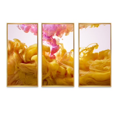 «Yellow and Pink Dancing Ink Clouds», ensemble d'art mural sur toile moderne encadré de 3