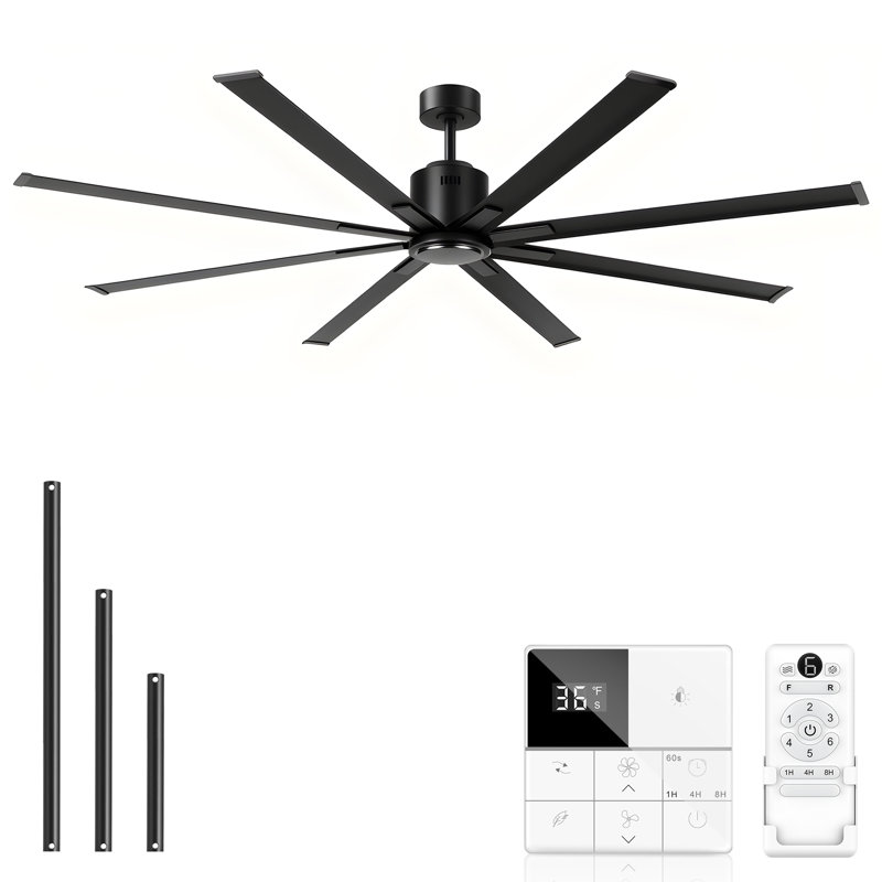 96 Inch Industrial Ceiling Fans No Lights, Large Ceiling Fan With 8 Reversible Blades, Outdoor/Indoor Industrial DC Motor Ceiling Fan With 6-Speed Remote Control For Porch Garage Shop Gym, Silver