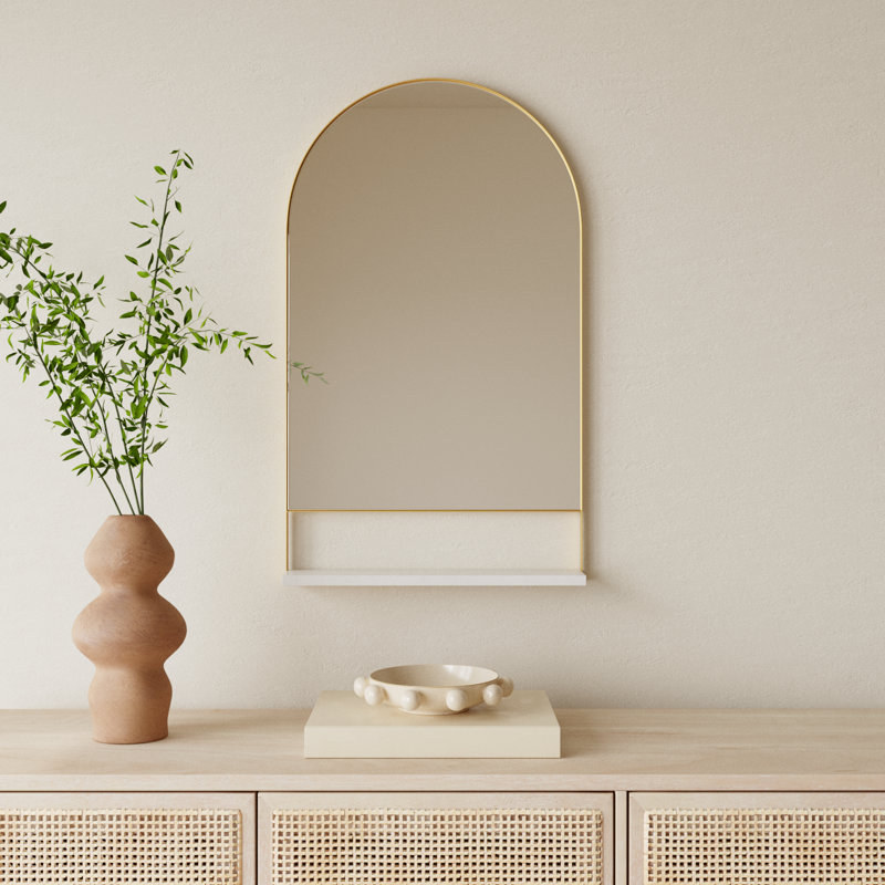 Cielo Arch Mirror with Shelves, 34" x 20", Gold/White