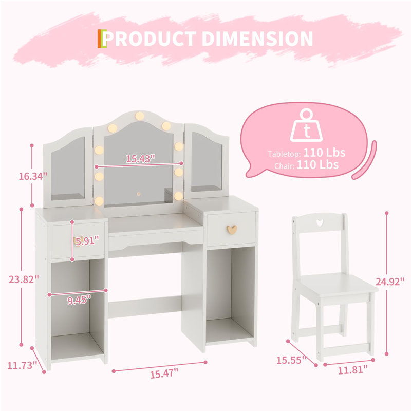Ensemble de meuble-lavabo blanc princesse avec miroir tactile et bureau à maquillage 3 en 1, tiroirs et armoires, Blanc