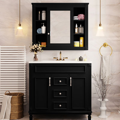 Meuble-lavabo contemporain 36 po, finition miroir noir, 2 tiroirs et portes, armoire de rangement spacieuse et élégante avec lavabo, tiroirs de portes, gracieux