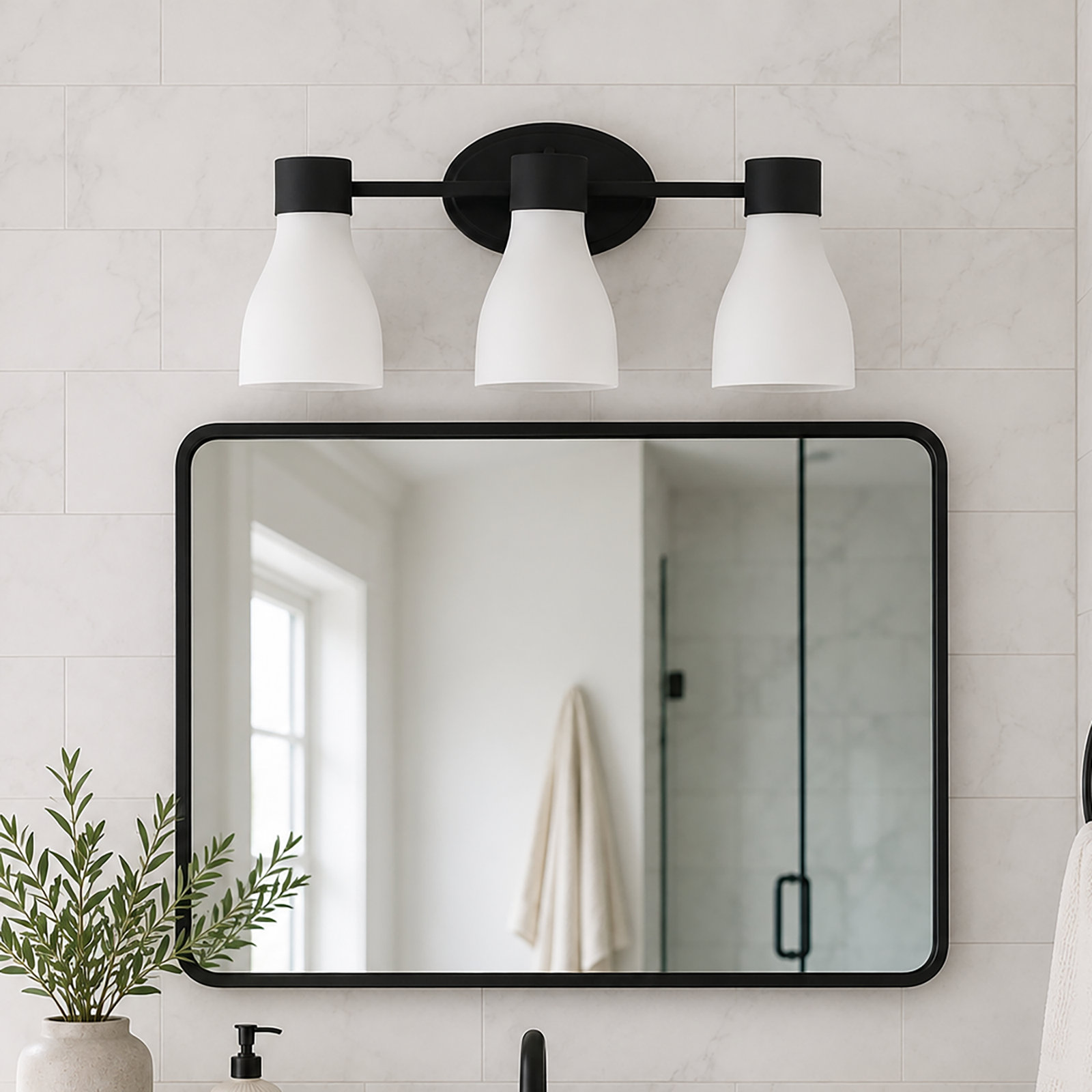 Jessa Opal Glass Dimmable Vanity Light, Matte Black, 3
