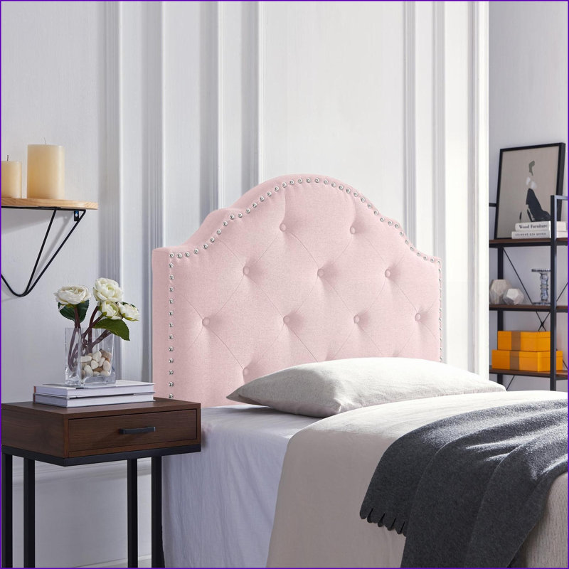 Twin Size Solid Wood Upholstered Headboard - Adjustable Height, Button Tufting &amp; Nailhead Trim, Twin, Blush