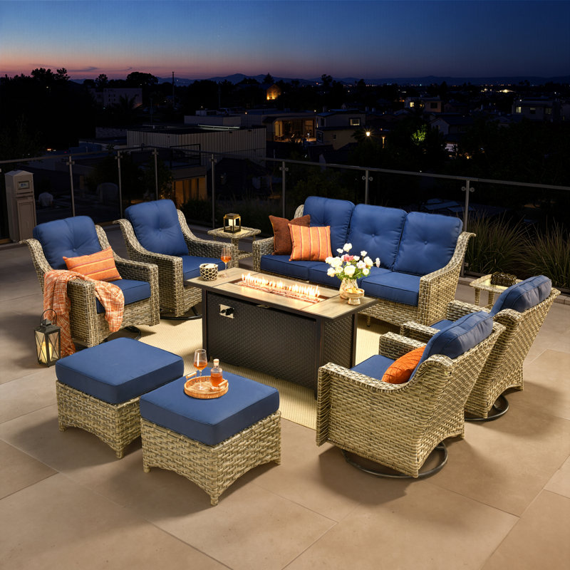 10-Piece Wicker Patio Conversation Set with Swivel Rocking Chairs and 50,000 BTU Fire Pit Table, Navy