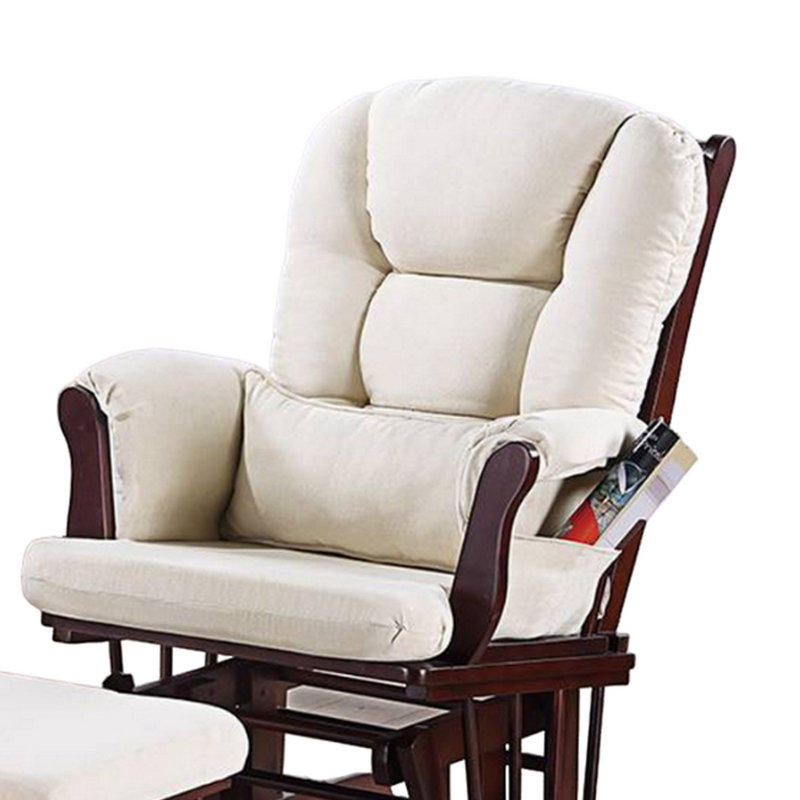 Fauteuil inclinable manuel avec repose-pieds Noni, bois, carré, Espresso brun, Manuel - Bouton-poussoir, Beige