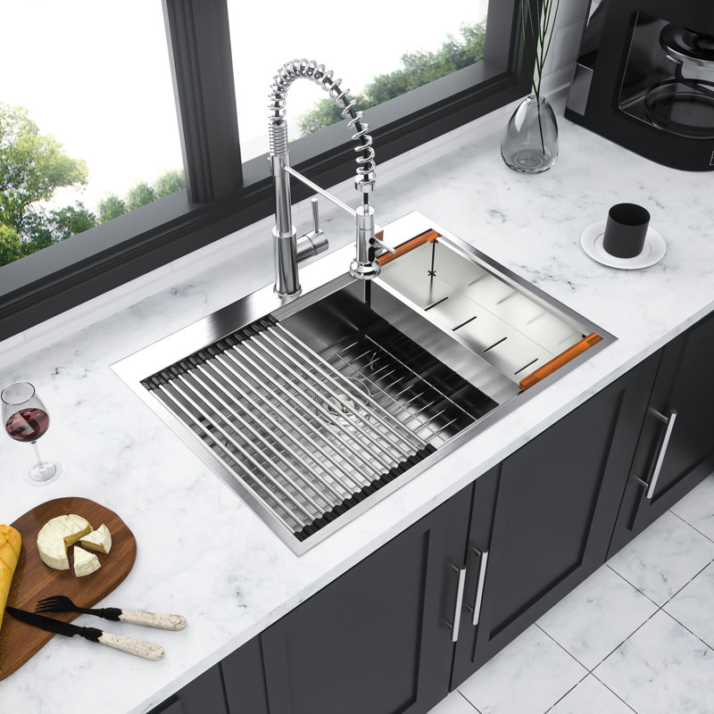 30 Drop - In Kitchen Sink, Single Bowl, 16 Gauge Stainless Steel, Workstation, Wear Surface, Drainage, 5 Accessories , Noise Minimization