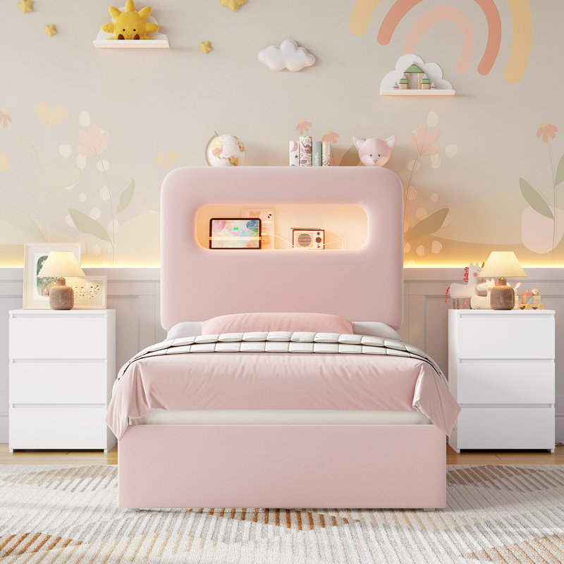 Upholstered 3-Piece Storage Bedroom Set, Pink, Twin