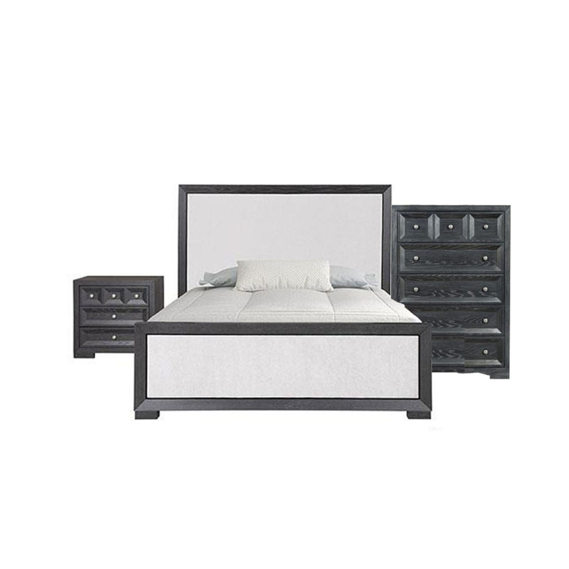 Ensemble de chambre avec grand lit, commode, table de chevet 5 pièces Kizie, Noir / blanc