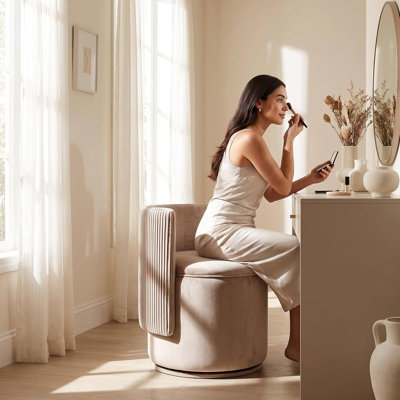 FB1017 360° Swivel Velvet Vanity Stool with Storage, Beige