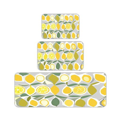 3 Pcs Lemon Print Kitchen Rug, Bright Citrus Kitchen Coffee Corner