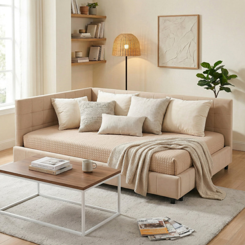 Modern Upholstered Daybed with Channel-Tufted Backrest, queen Size, Pink