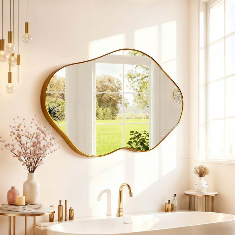 Irregular Cloud Wall Mirror, Large Asymmetrical Decorative Vanity Mirror with Aluminum Frame, HD Bathroom Wall Mirror for Bedroom, Living Room, Entryway