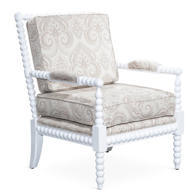 Fauteuil Spindle en blanc avec revêtement en cachemire taupe, construction, assise chic H 40 po, motif cachemire 16 po x 27 po