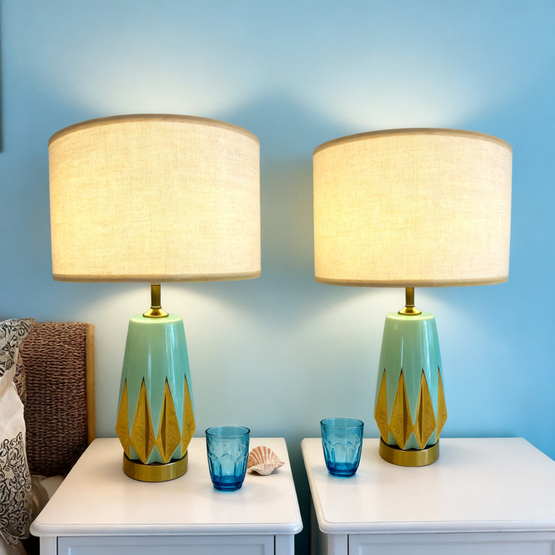 Ensemble de 2 lampes de table modernes en céramique avec motif géométrique et abat-jour tambour