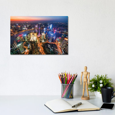 Aerial View Of Pudong At Night With Oriental Pearl Tower, Shanghai, China - Wrapped Canvas Gallery-Wrapped Canvas Giclée