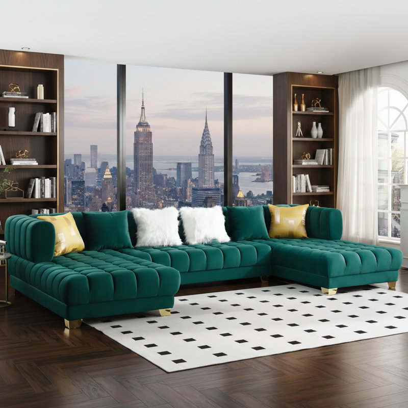 Premium Velvet Sectional Sofa 140” Wide, Elegant Living Room Centerpiece, Green Velvet