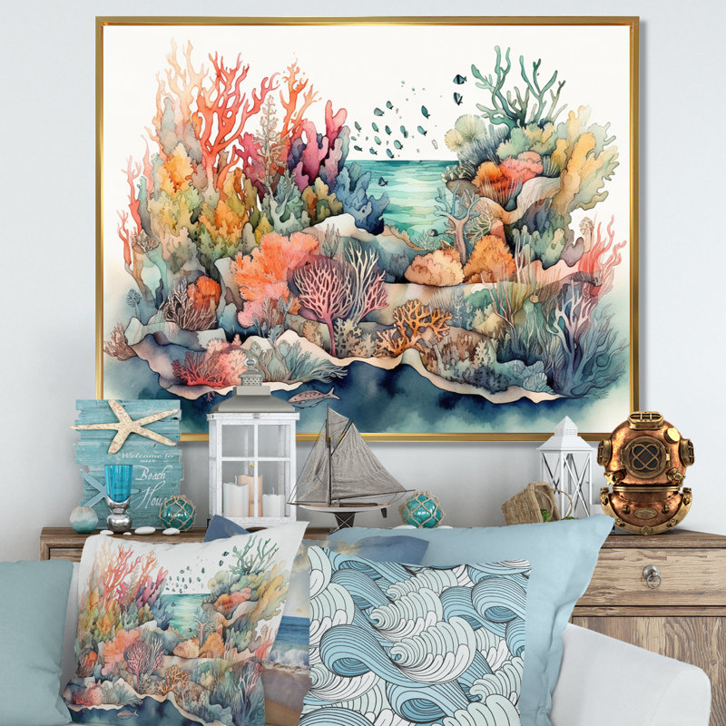 «Vibrant Coral Reef II - Modern Beach», reproduction sur toile encadrée, H 16 po x l 32 po x P 1 po, Cadre flottant doré