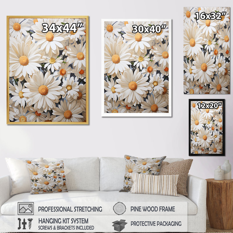 Marguerite blanche en fleurs élégance, Cadre simple argenté, H 32 po x l 16 po x P 1 po