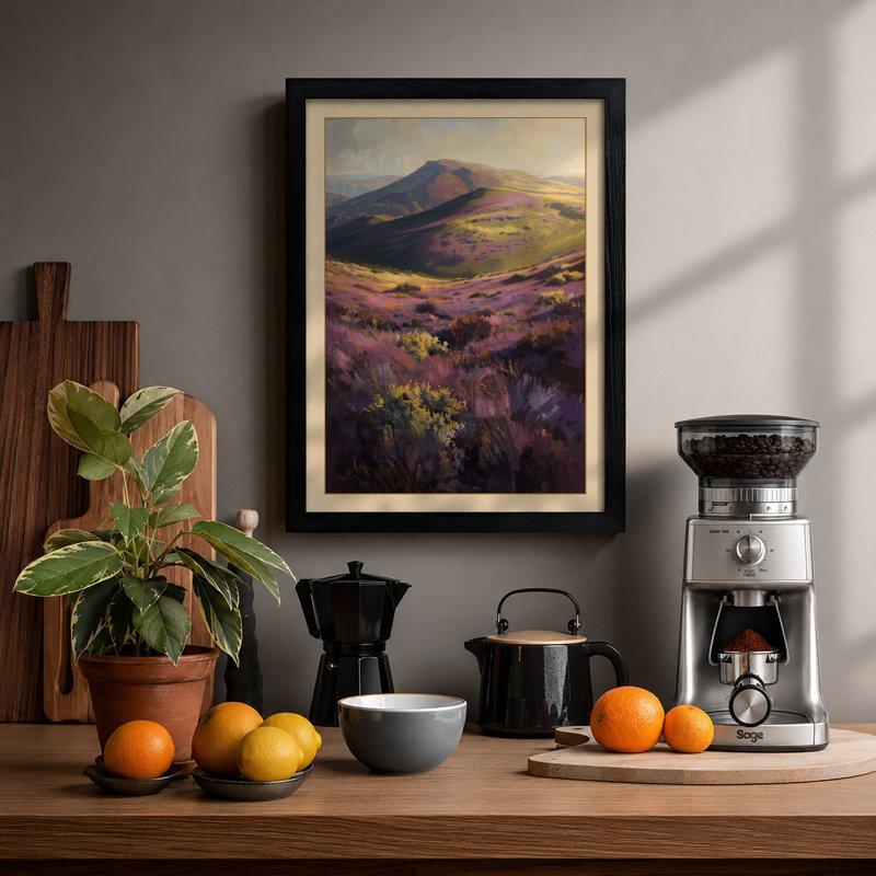 Misty Moorland Mountains Scandinavian - Framed Print, A2 - 59.4 x 42.0 cm, Black