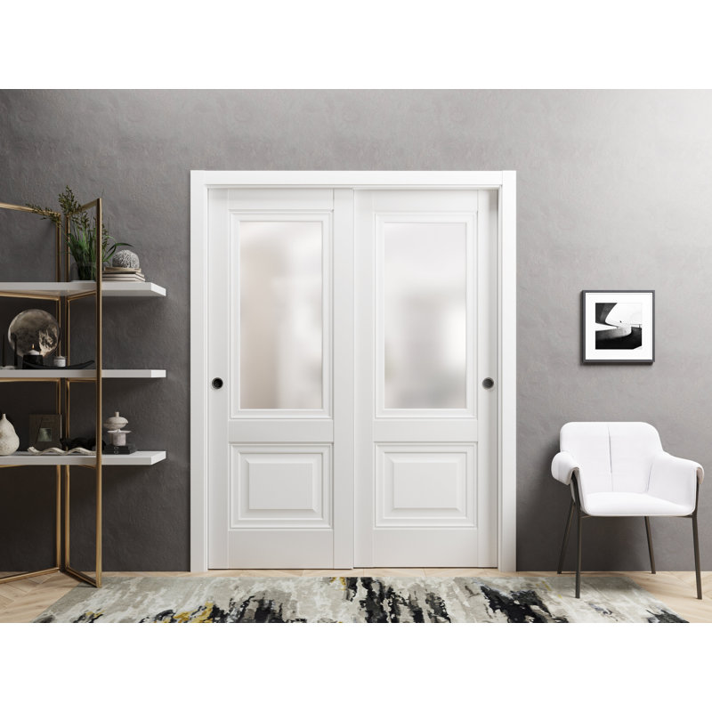 Portes coulissantes de placard avec quincaillerie Lucia 8822 Blanc Soie avec verre dépoli opaque, rails robustes, moulures et garnitures, ensemble pour portes de placard de chambre à coucher en bois massif léger - 122 cm x 244 cm (2 x 61 cm x 244 cm) - Verre dépoli