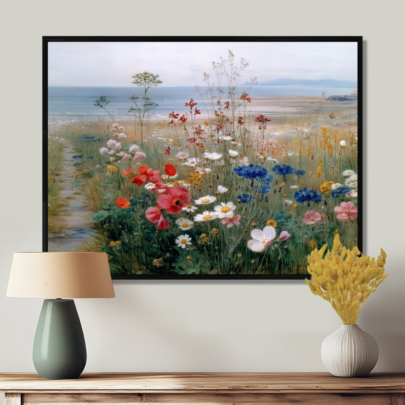 «Red Blue English Countryside Bloom of Wildflowers», reproduction d'art sur toile florale rouge, H 12 po x l 20 po, Noir
