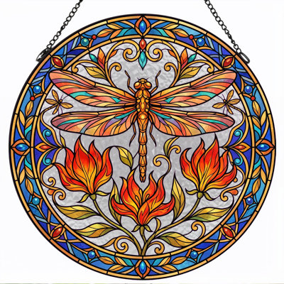 Dragonfly Floral Stained Glass Window Panel，7.8H