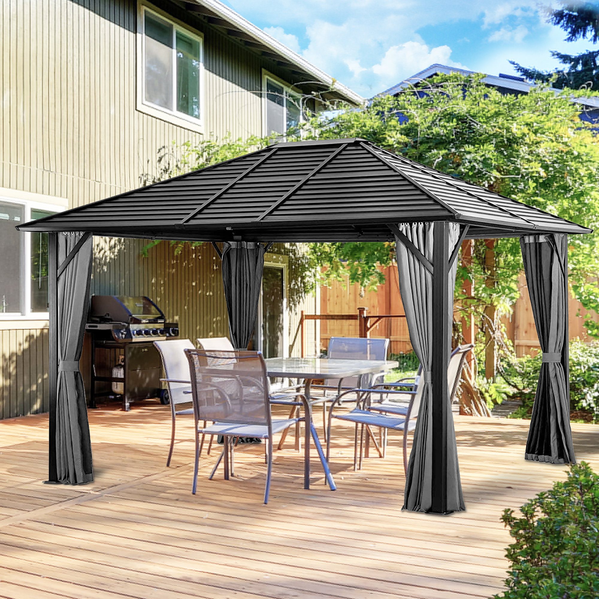 Gartoo 10 Ft. W x 12 Ft. D Aluminum Patio Gazebo with Curtain and ...