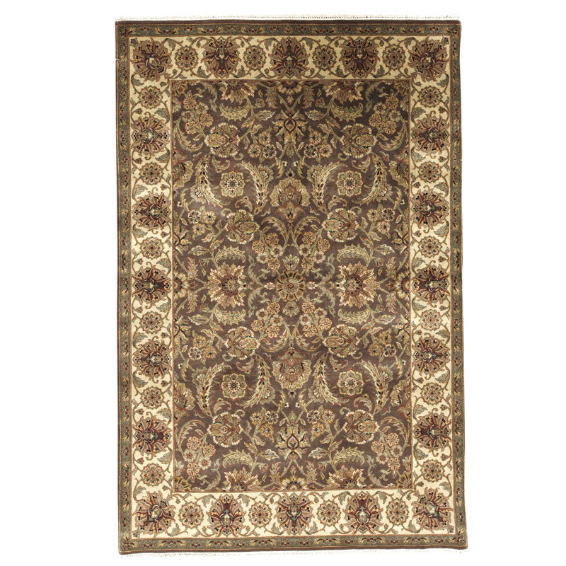 Tapis brun / beige / vert en laine noué à la main de conception unique 9 pi 3 po x 6 pi 1 po