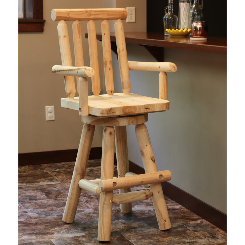 Bruce Square Slat Back Rustic Log Cabin Style Bar Stool, Unfinished, Brown, 1