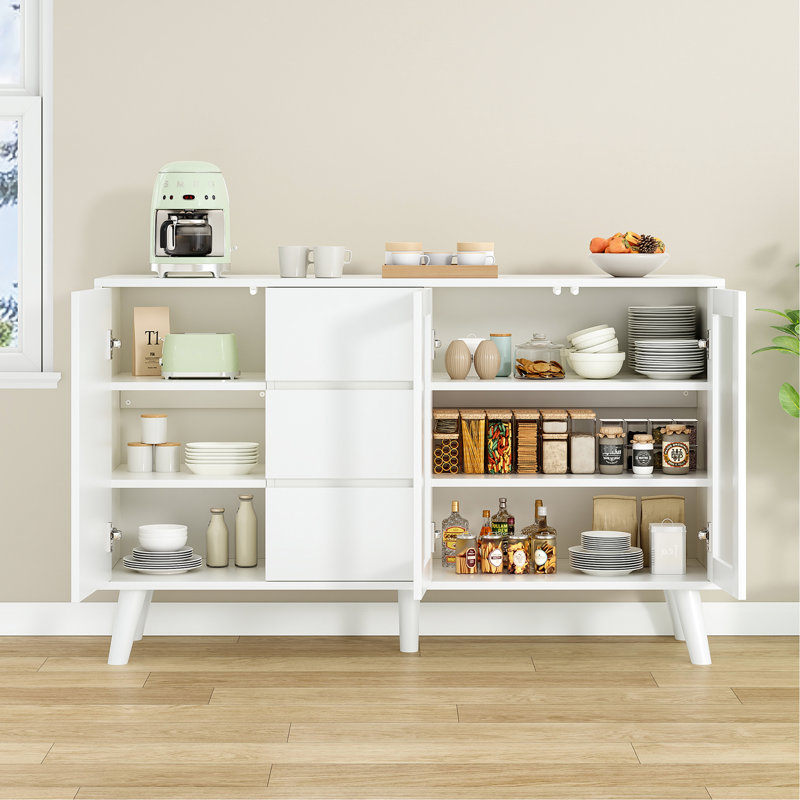 - Buffet de style 55,5 po avec 3 tiroirs et portes escamotables, solution de rangement pour la salle à manger, la cuisine, le couloir, les espaces de vie, la composition en bois blanc, l'emballage idéal pour les zones rustiques idéales, l'apparence, la simplicité