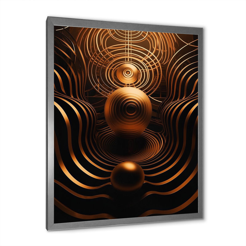 «Golden Sphere Abstract Gold Futuristic Landscape», reproduction sur toile, H 32 po x l 16 po x P 1 po, Cadre simple argenté
