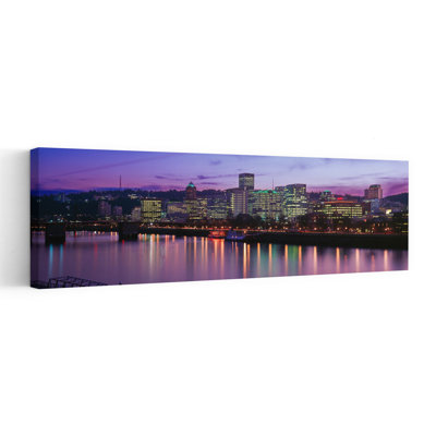 Buildings lit up at night Portland Oregon USA 1 Piece Wrapped Canvas Panoramic Wall Art