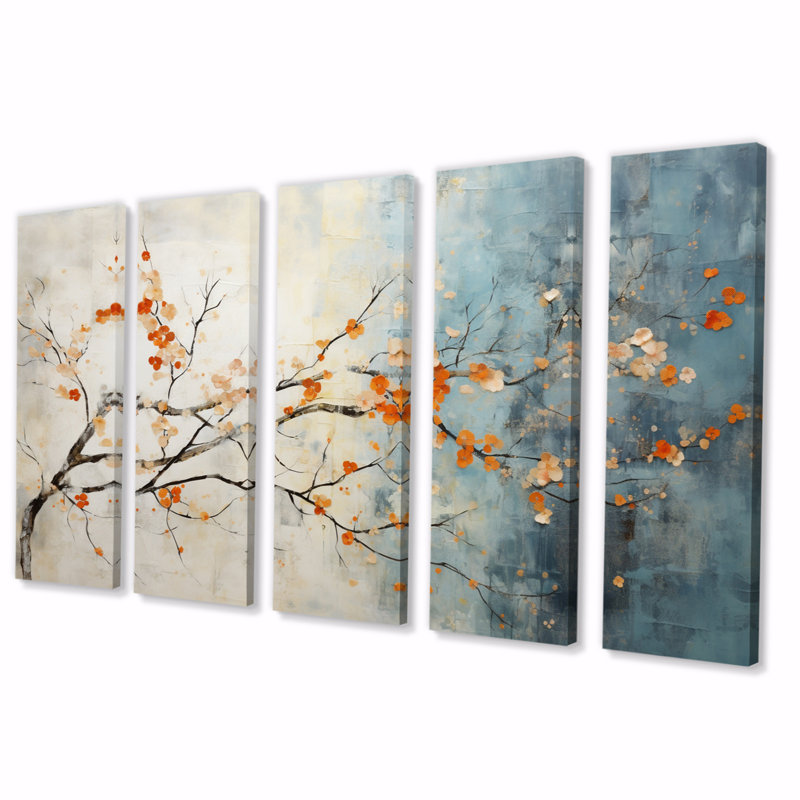 Érable orange sarcelle, braises incandescentes V sur toile, 5 pièces