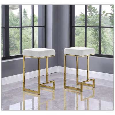 25 in. H White Velvet Backless Metal Counter Height Stools with Gold Base (Set of 2)