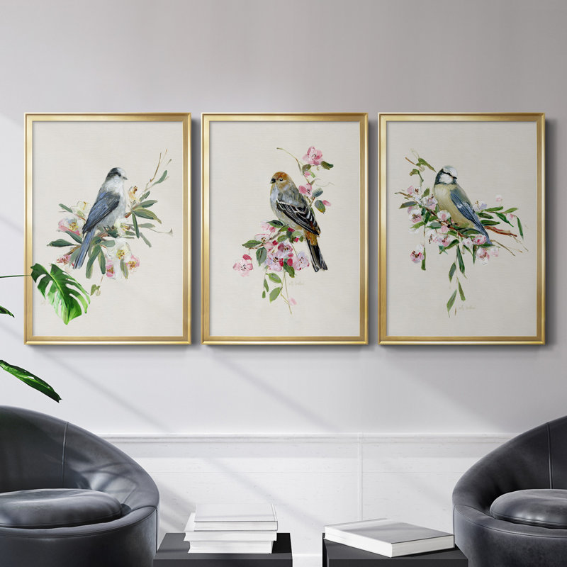 «Spring Song Blue Bird», ensemble de 3 peintures sur toile encadrées, Toile avec cadre or, H 30,5 po x l 127,5 po x P 1,5 po