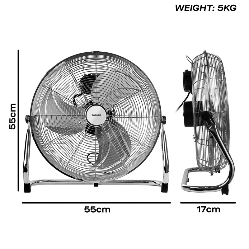 Daewoo 18 Inch Chrome High Velocity Floor Fan 3 Speed Tilting Head Non-Slip Feet