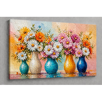 Grande marguerite colorée sur toile 24 x 36 pouces, peinture florale moderne avec vases, décoration vibrante pour le salon, la chambre, la cuisine et le bureau - prête à être accrochée