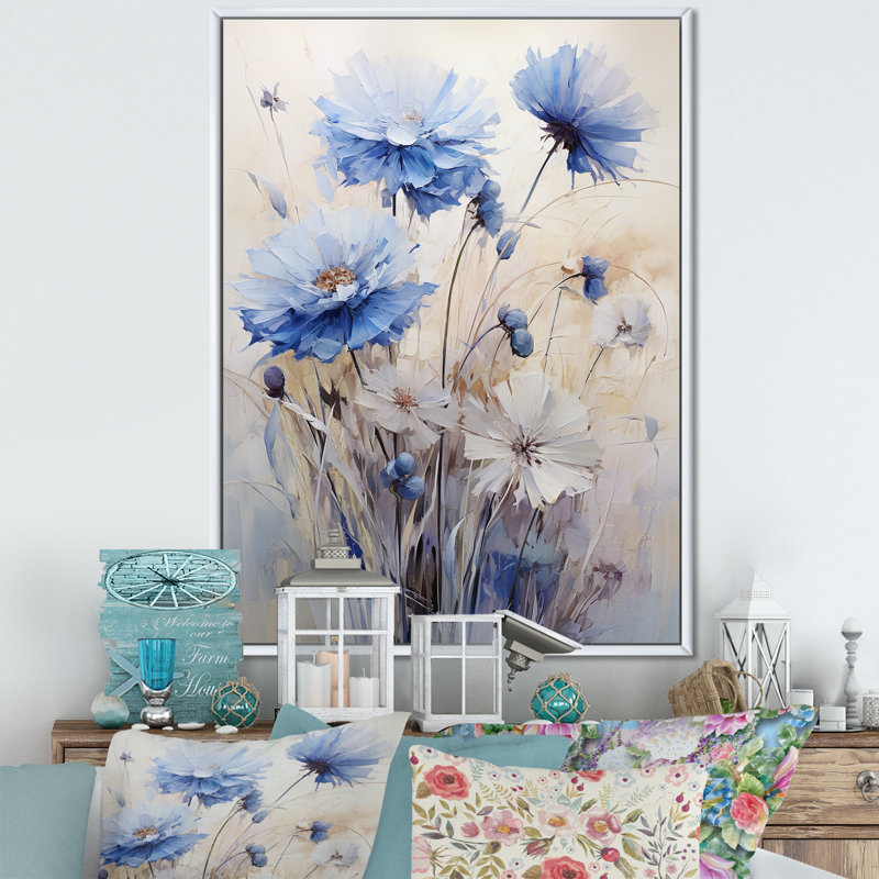 «Minimal Beige and Blue Cornflowers Expression III», reproduction sur toile, Cadre flottant blanc