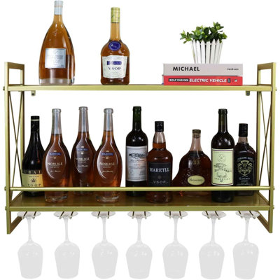 Supports à vin industriels avec porte-verres, étagères murales polyvalentes en métal rustique 31,5 po, porte-bouteilles à vin à 2 niveaux, accessoires pour porte-bouteilles, porte-bouteilles en verre