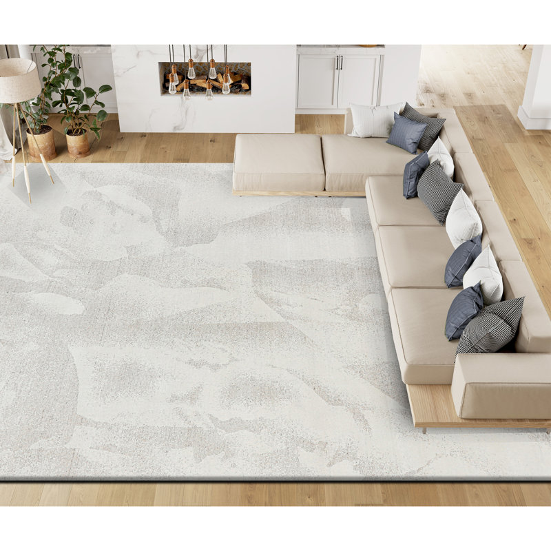 Hand Knotted Abstract Area Rug in White/Beige, Rectangle 6' x 9'