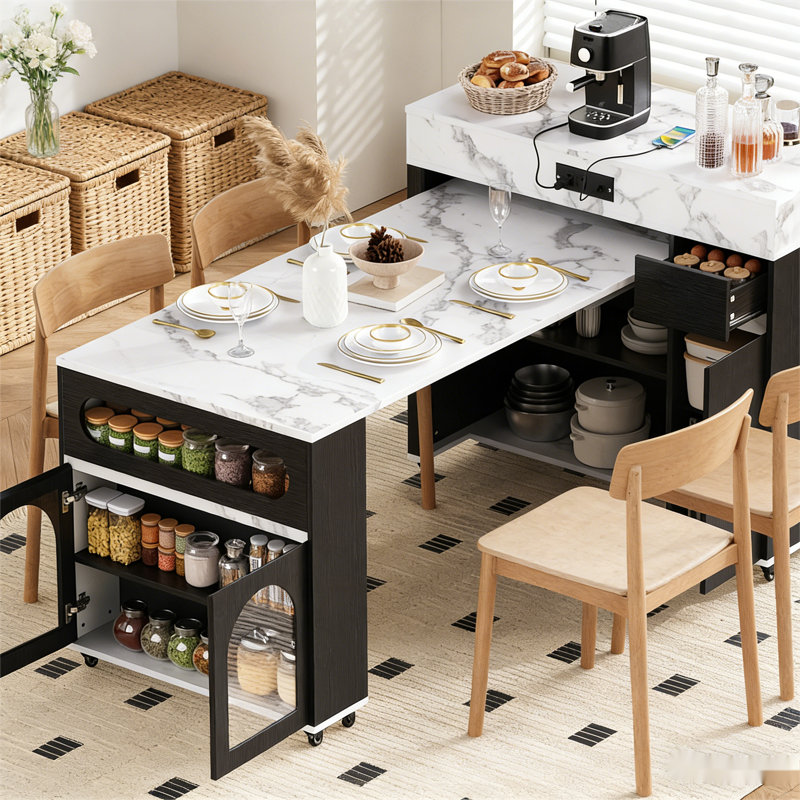 Extendable Kitchen Island with Extra-Long Folding Top, White