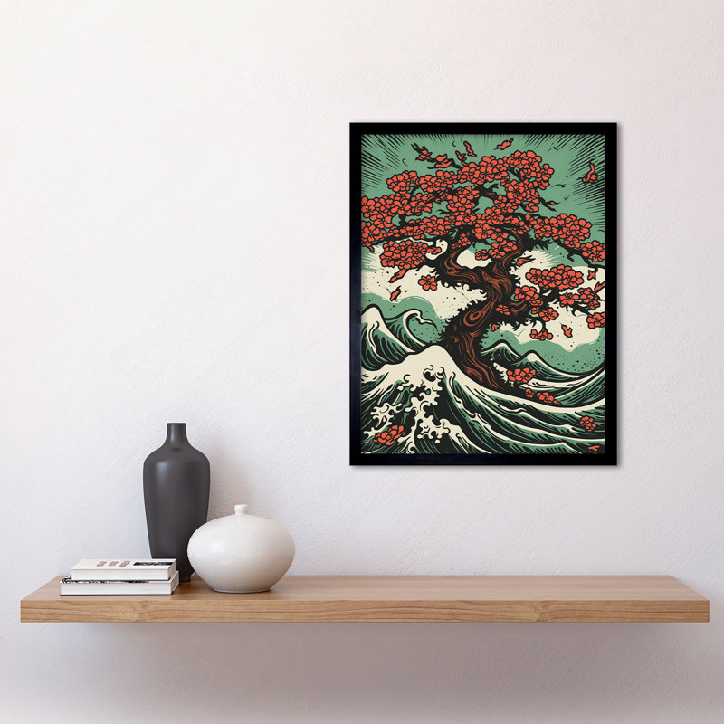 Paltrow Japanese Cherry Blossom Tree and Wavy Sea 1 Piece Single Picture Frame Wall Art