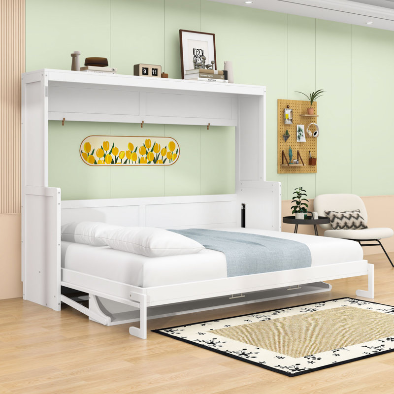 Wooden Murphy Bed with Folding Desk and Built-in Storage for Small Spaces, White, Queen