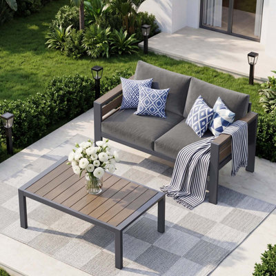 2-Piece Outdoor Loveseat Set with Coffee Table, Wide WPC Armrests, 5" Thick Cushions, Aluminum Frame Patio Furniture Set for Backyard, Balcony, Dark Gray