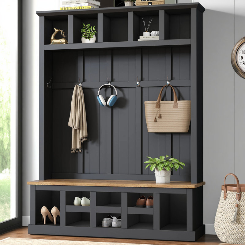 Farmhouse Wooden Style Hall Tree with Wide Storage Seating Bench, Entryway Shoe Cabinet with 13 Compartments – Elegant Coat Rack with 6 Hooks for Mudroom, Living Room, Rustic Organizer with Anti-Tipping