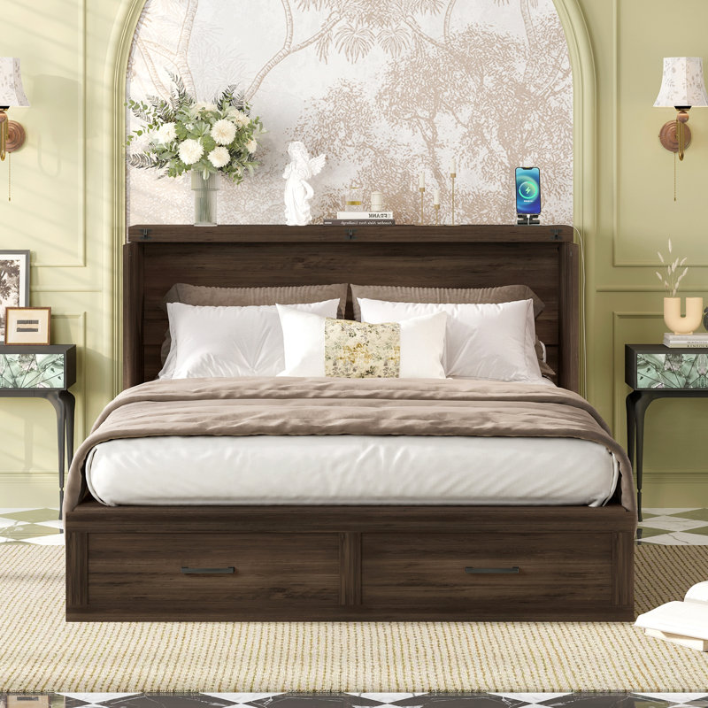 Grand lit escamotable style ferme avec station de charge, lit plateforme pliable avec grand tiroir de rangement pour chambre d'amis, petite chambre