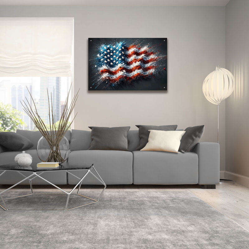  «American Flag Paint Splash Style» par Rey Klimt, art mural en verre acrylique, 24 po x 16 po, H 24 po x l 36 po x P 0,2 po