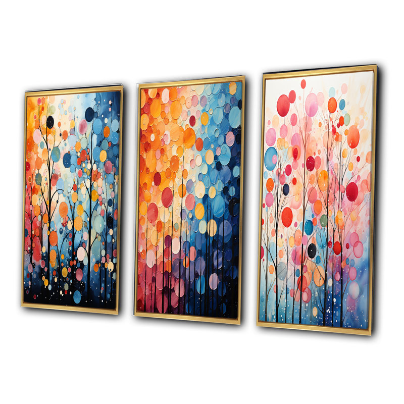 «Mid Century Retro Rhythms», 3 pièces sur toile, H 40 po x l 60 po, Cadre flottant doré
