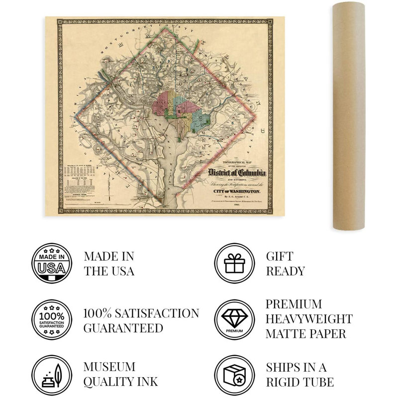 1862, Washington DC, carte, affiche, art mural, H 24 po x l 30 po x P 0,1 po