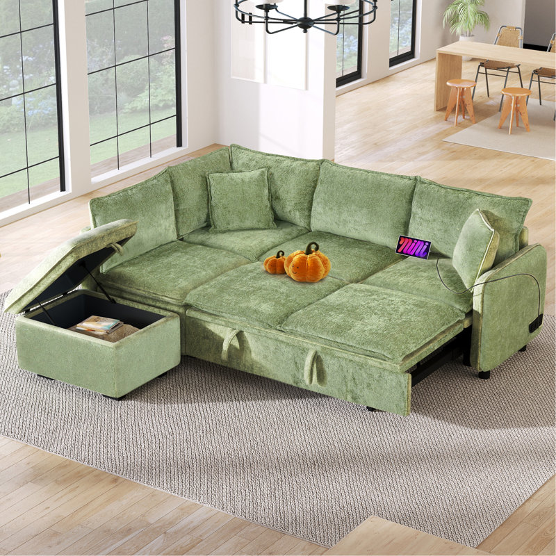 Canapé-lit modulaire convertible avec repose-pieds et coussins de rangement Davis, Chenille verte
